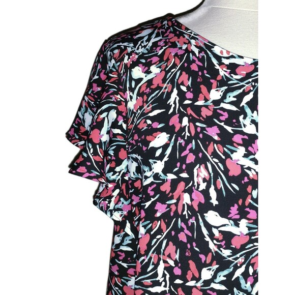 TAHARI Plus Size 1X Shift Dress Black Red White Floral Ruffle Cap Sleeve - Picture 2 of 6